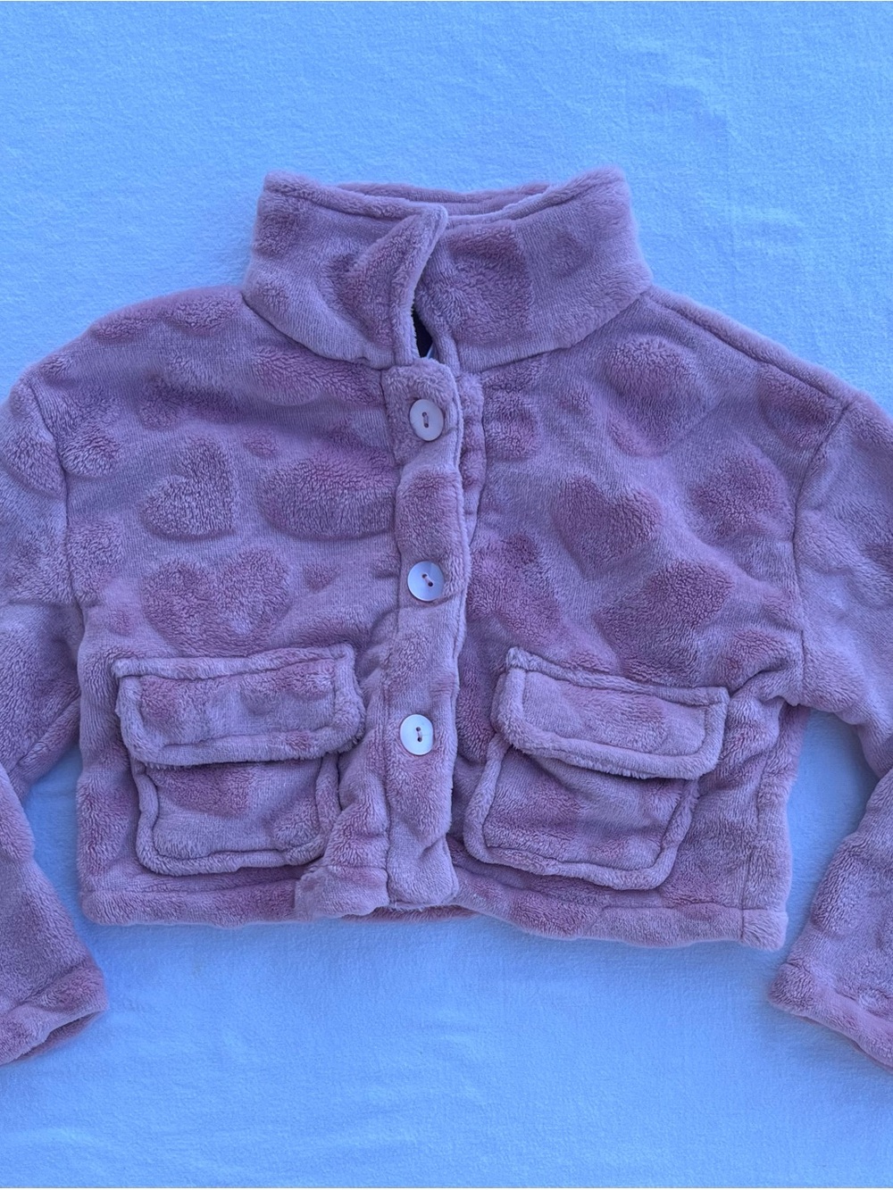 paper doll Pink Plush Heart-Patterned Button Jacket